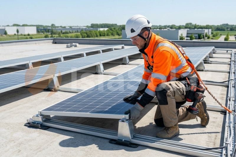 instalador de placas solares en una nave industrial